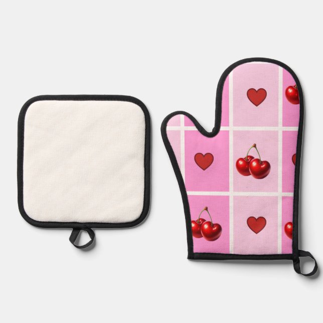 Custom Cherry Heart Checkerboard Pattern Oven Mitt & Pot Holder Set (Front)