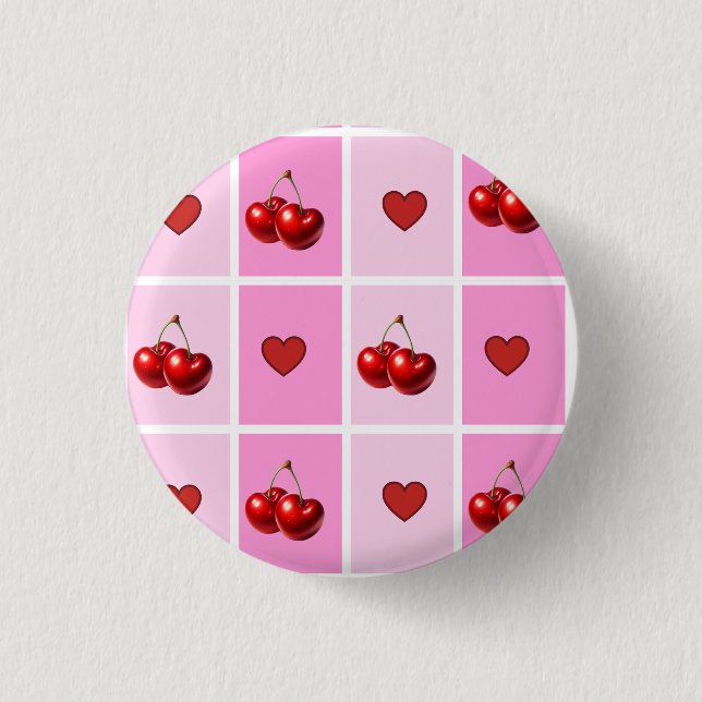 Custom Cherry Heart Chequerboard Pattern 3 Cm Round Badge (Front)