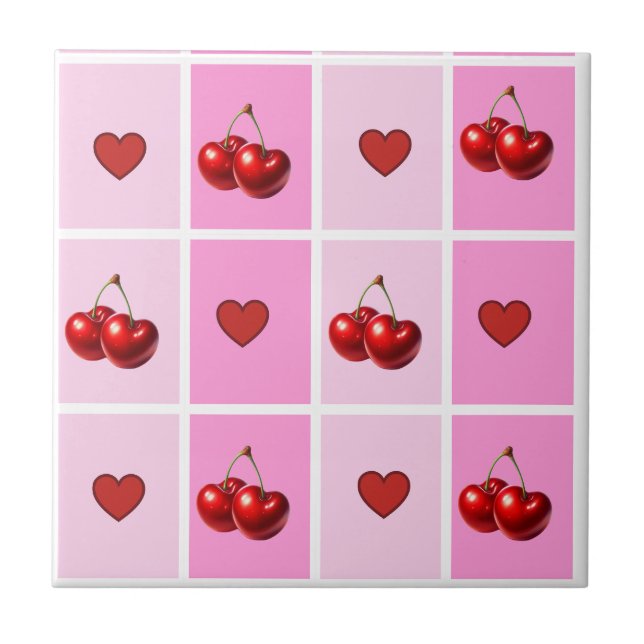 Custom Cherry Heart Chequerboard Pattern Ceramic Tile (Front)