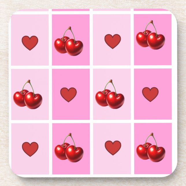 Custom Cherry Heart Chequerboard Pattern Coaster (Front)