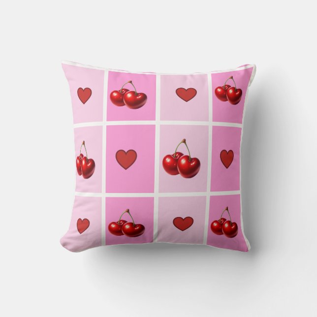 Custom Cherry Heart Chequerboard Pattern Cushion (Front)