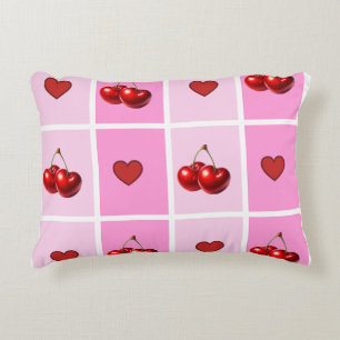 Custom Cherry Heart Chequerboard Pattern Decorative Cushion