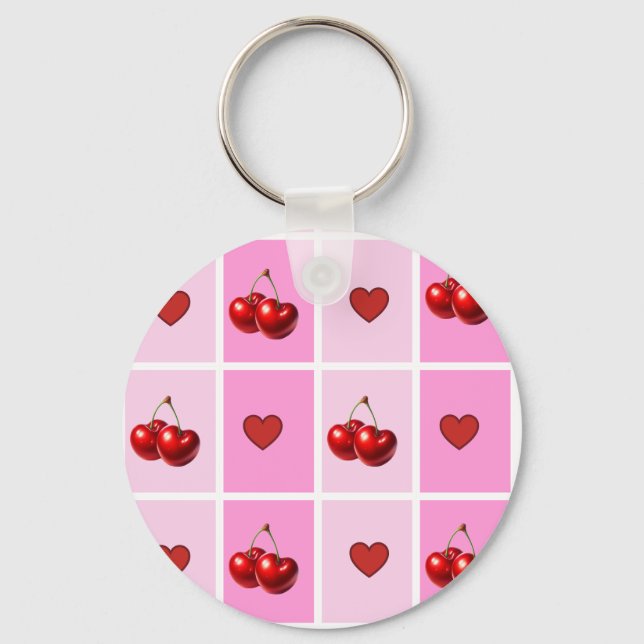 Custom Cherry Heart Chequerboard Pattern Key Ring (Front)