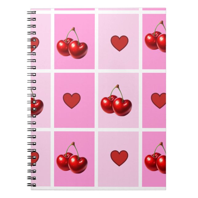 Custom Cherry Heart Chequerboard Pattern Notebook (Front)