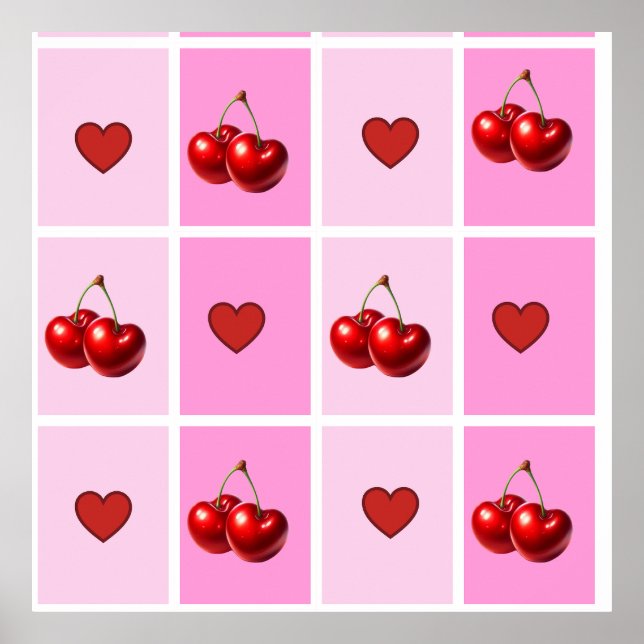 Custom Cherry Heart Chequerboard Pattern Poster (Front)