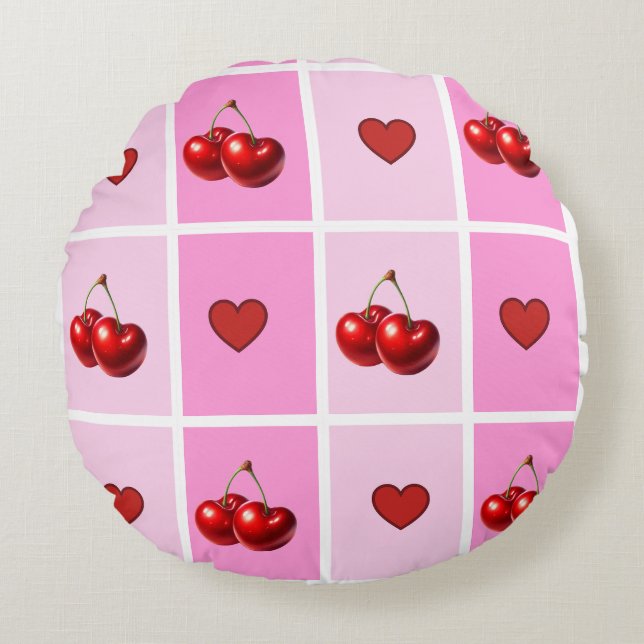 Custom Cherry Heart Chequerboard Pattern Round Cushion (Front)