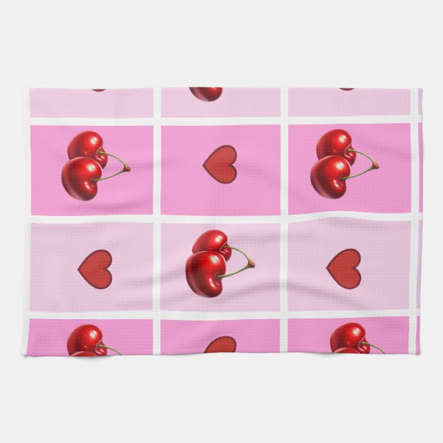 Custom Cherry Heart Chequerboard Pattern Tea Towel (Horizontal)