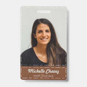 Custom Chestnut Brown Stitched Leather Employee ID Badge