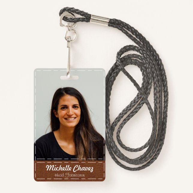 Custom Chestnut Brown Stitched Leather Employee ID Badge (Front with Lanyard)