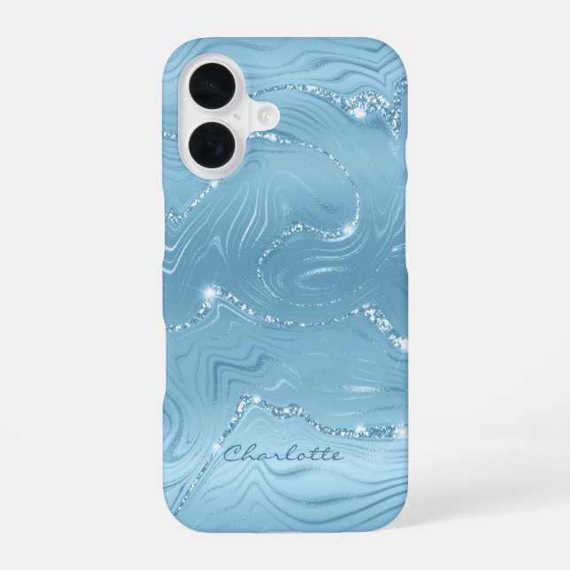 Custom Chic Blue Silver Glitter Pattern Girly iPhone 16 Case (Back)