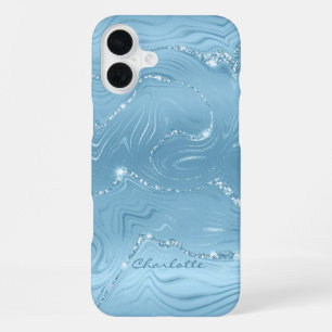 Custom Chic Blue Silver Glitter Pattern Girly iPhone 16 Plus Case
