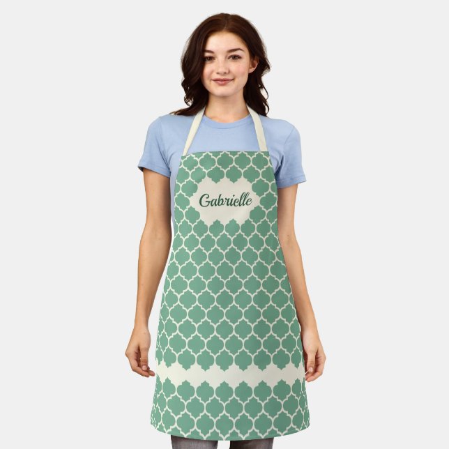 Custom Chic Charleston Green Ivory Trellis Pattern Apron (Worn)