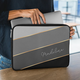 Custom Chic Dark Medium Light Grey Stripe Art Laptop Sleeve