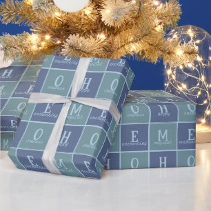 Custom Chic "HOME" in Blue and Grey Hues Wrapping Paper