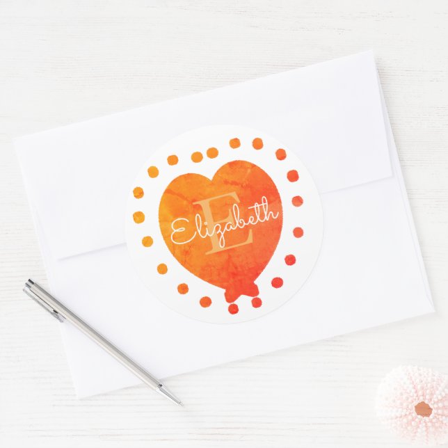 Custom Chic Initial Monogram Orange White Heart Classic Round Sticker (Envelope)