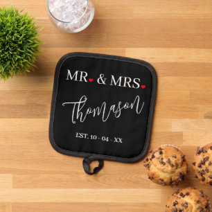 Custom Chic Mr. And Mrs. Last Name And Hearts Pot Holder