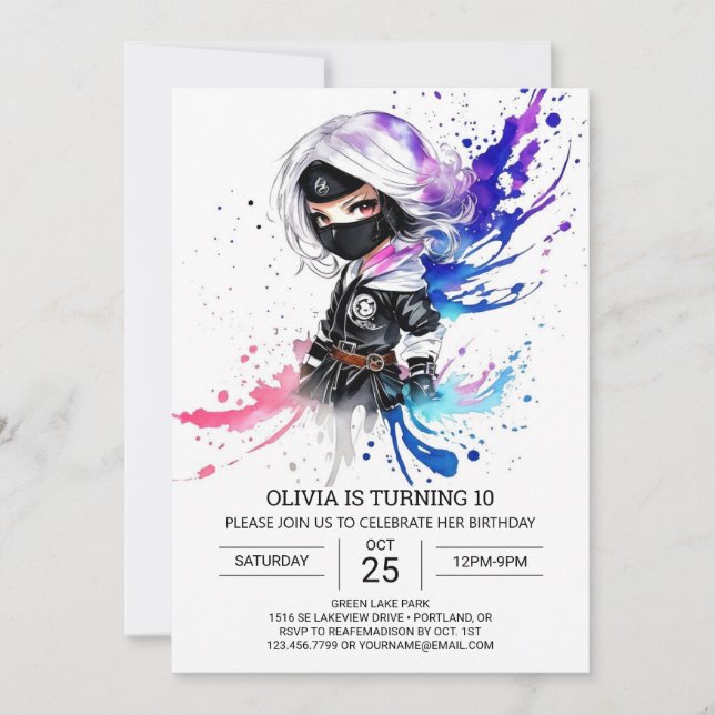  Custom Chic Ninja Girl Birthday Invitation (Front)