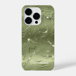 Custom Chic Olive Green Silver Glitter Pattern  iPhone 14 Pro Case
