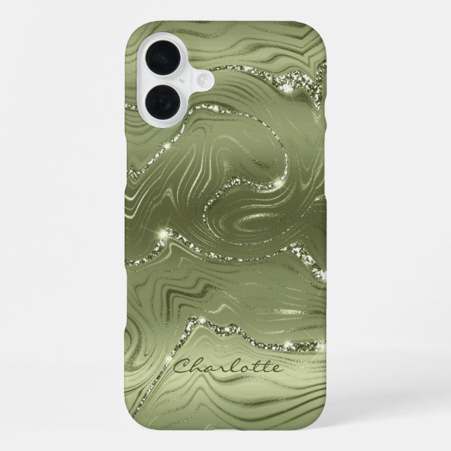 Custom Chic Olive Green Silver Glitter Pattern iPhone Case (Back)