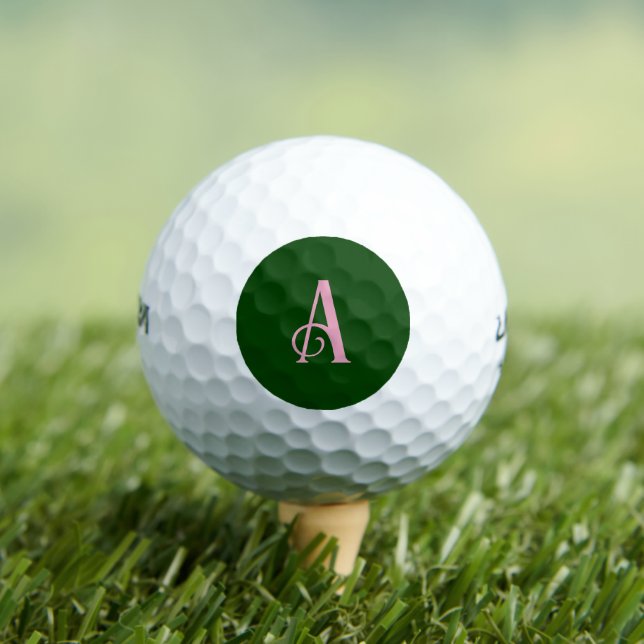 Custom Chic Pink Monogram Initial Dark Green Golf Balls (Insitu Tee)