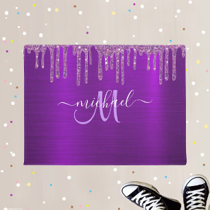 Custom Chic Purple Dripping Glitter Brush Monogram Doormat