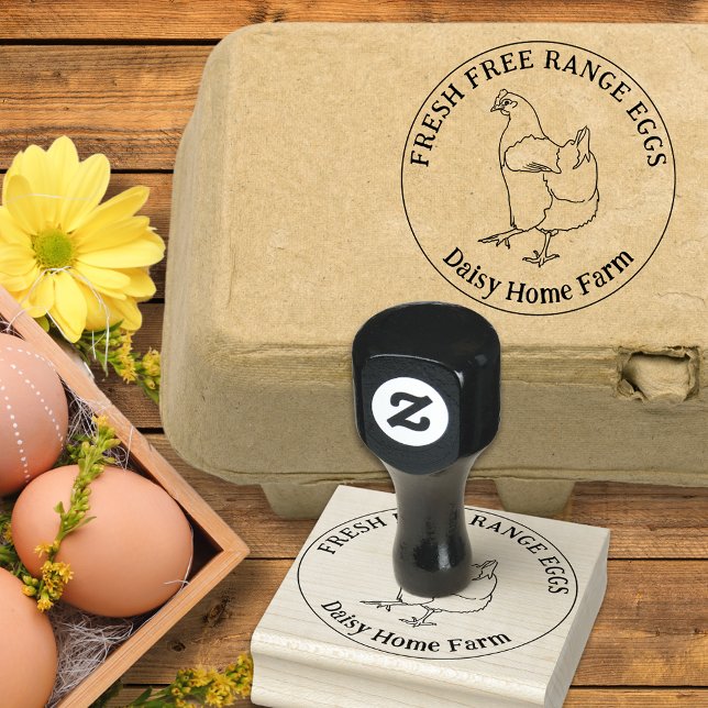 custom chicken eggs simple hand drawn rubber stamp (Fresh free range chicken eggs box ink stamp simple hen line drawing and personalized business name)