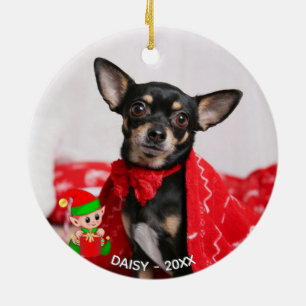 Custom Chihuahua Dog Photo with Cute Elf Ceramic Ornament