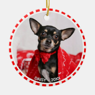 Custom Chihuahua Dog Photo with Red & White Frame Ceramic Ornament