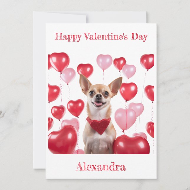 Custom Chihuahua Heart Collar Balloons Valentine Holiday Card (Front)