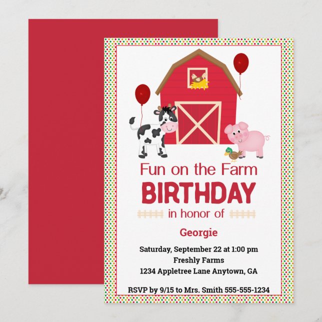 Custom Child's Fun on the Farm Birthday Animals Invitation (Front/Back)