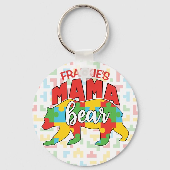 Custom Childs NAME Mama Bear Autism Awareness Mum Key Ring (Front)
