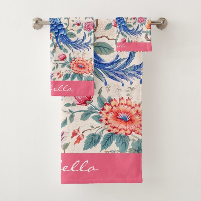 Custom Chinoiserie Asian Floral Landscape Peacock  Bath Towel Set (Insitu)