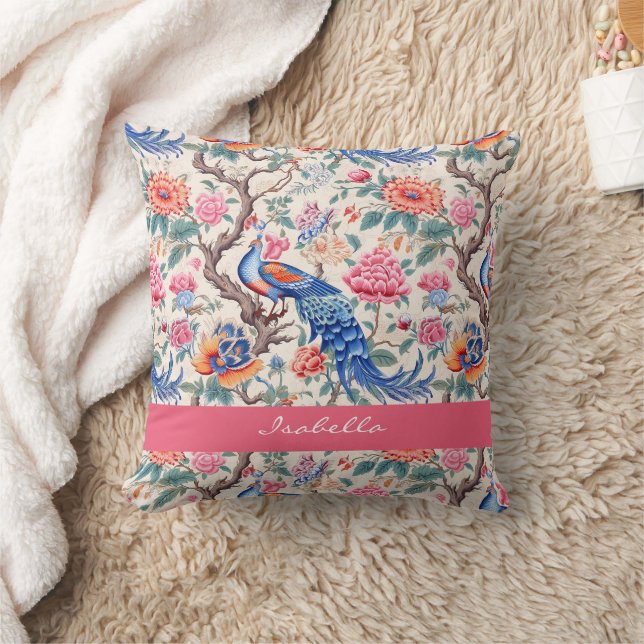 Custom Chinoiserie Asian Floral Landscape Peacock  Cushion (Blanket)
