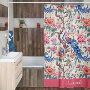 Custom Chinoiserie Asian Floral Landscape Peacock  Shower Curtain