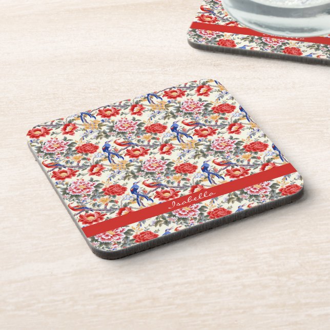 Custom Chinoiserie Asian Floral Pink Blue Red Bird Coaster (Left Side)