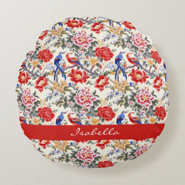 Custom Chinoiserie Asian Floral Pink Blue Red Bird Round Cushion (Front)