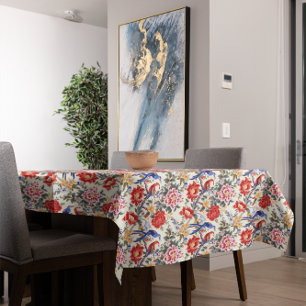 Custom Chinoiserie Asian Floral Pink Blue Red Bird Tablecloth