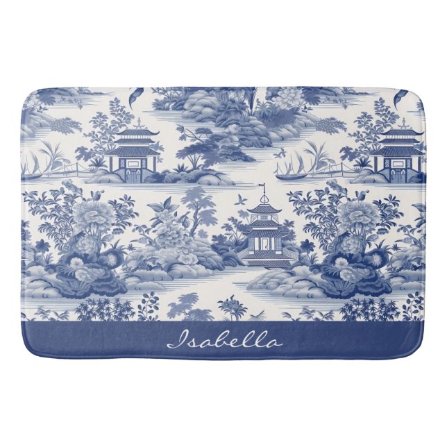 Custom Chinoiserie Pattern Pagoda Blue White Bath Mat (Front)