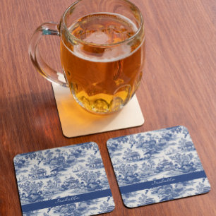 Custom Chinoiserie Pattern Pagoda Blue White Glass Coaster