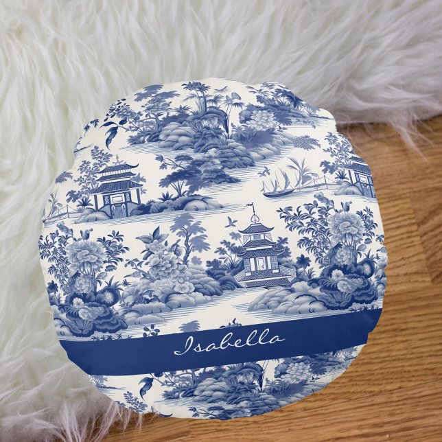 Custom Chinoiserie Pattern Pagoda Blue White Round Cushion (Creator Uploaded)