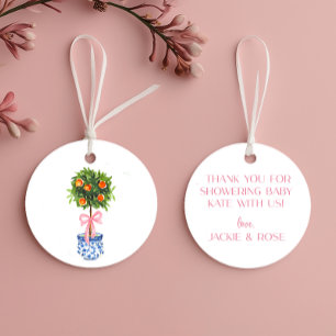 Custom Chinoiserie Topiary Tree, Pink Bow Favour Tags