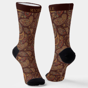 Custom Chocolate Brown Gold Paisley Pattern Socks