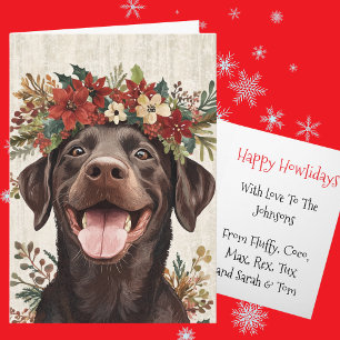 Custom Chocolate Labrador Christmas Floral Crown Holiday Card