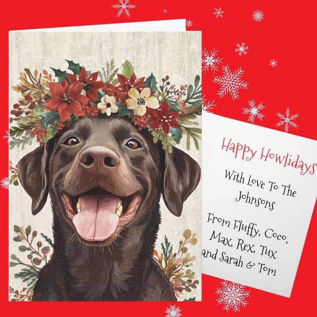 Custom Chocolate Labrador Christmas Floral Crown Holiday Card (Creator Uploaded)