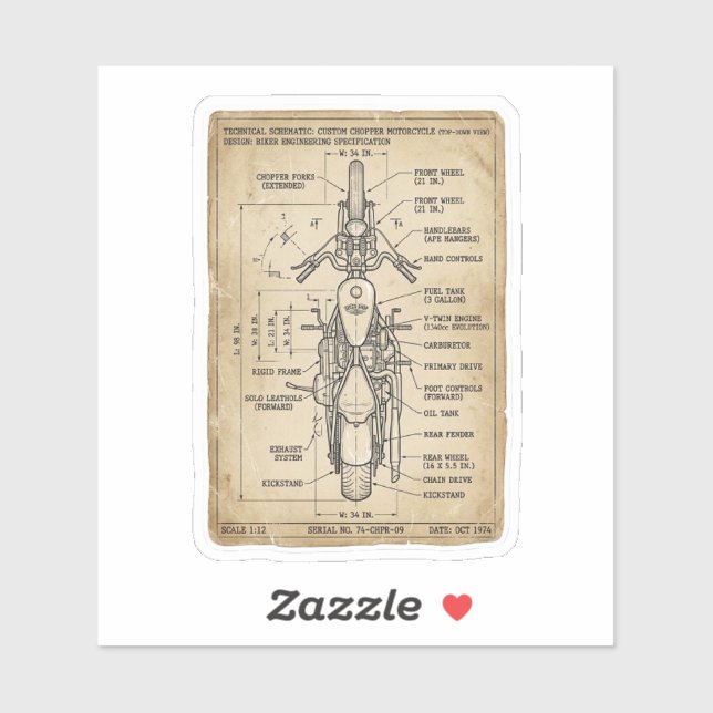 Custom Chopper Schematic Biker Sticker (Sheet)
