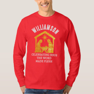 Custom Christian Glitter Nativity Family Christmas T-Shirt