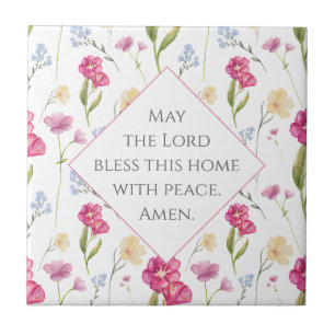 Custom Christian Text Pink Watercolor Wildflower Ceramic Tile