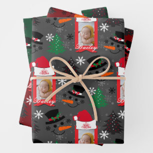 Custom Christmas 3 Photo name Grey Red Green 3 set Wrapping Paper Sheet