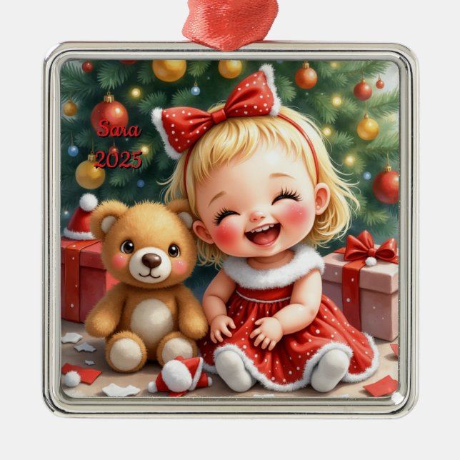 Custom Christmas Baby Girl Cute Big Mile Metal Ornament (Front)