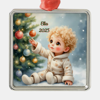 Custom Christmas Baby Girl or Boy Sitting Metal Ornament